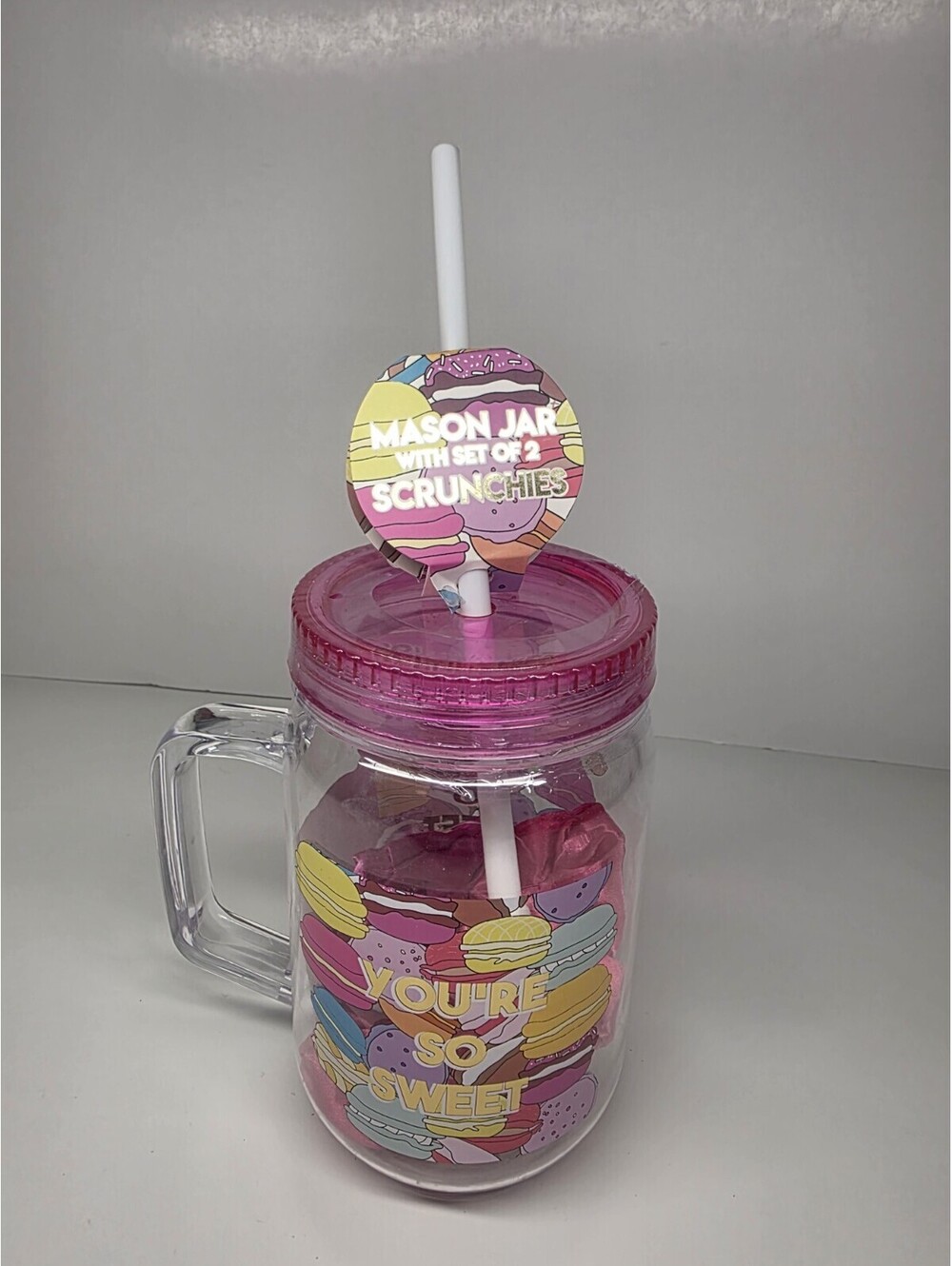 Pink Glitter Mason Jar Tumbler with Straw And 2 Scrunchies